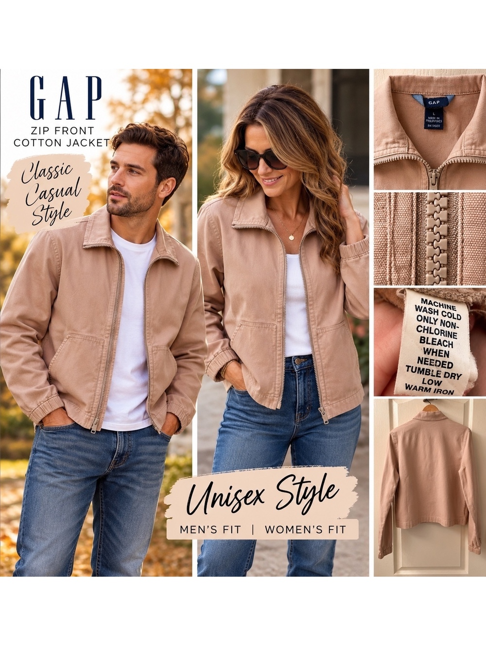 GAP Y2K Utility Jacket | Neutral Tan Zip-Up | Unisex Casual Jacket | Size L
